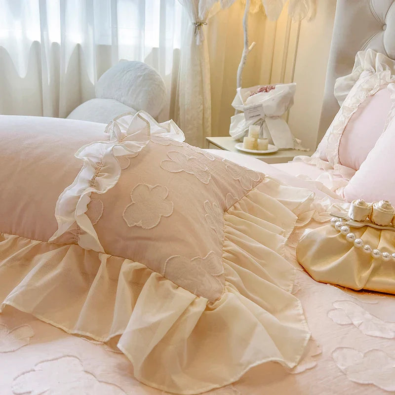 Afralia™ Princess Flowers Lace Ruffles Bedding Set: 100% Cotton Duvet Cover, Fitted Sheet, Bed Sheet, Pillowcases