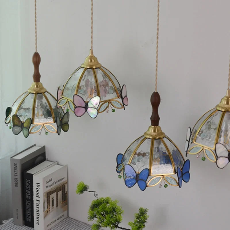 Afralia™ Tiffany Butterfly Glass LED Pendant Lights - Nordic Modern Wood Kitchen Fixture
