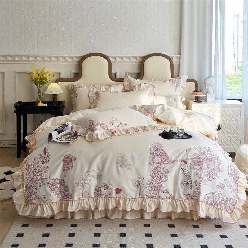 Afralia™ Vintage Flowers Leopard Print Ruffles Bedding Set in 100S Egyptian Cotton