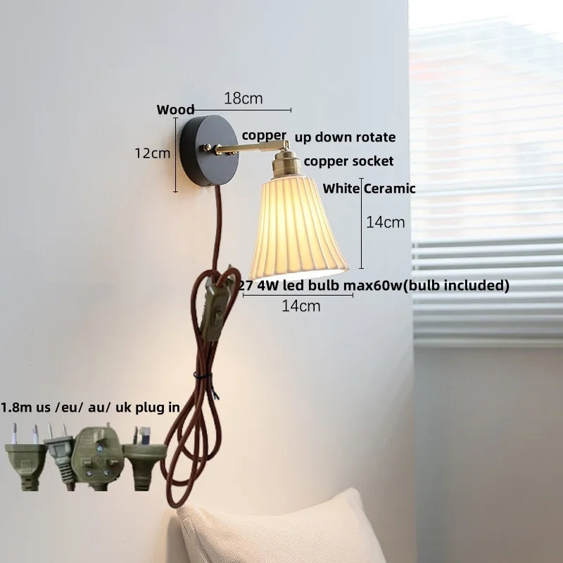 Afralia™ White Ceramic LED Wall Lamp Wood Canopy Sconce Reef Pull Chain Switch