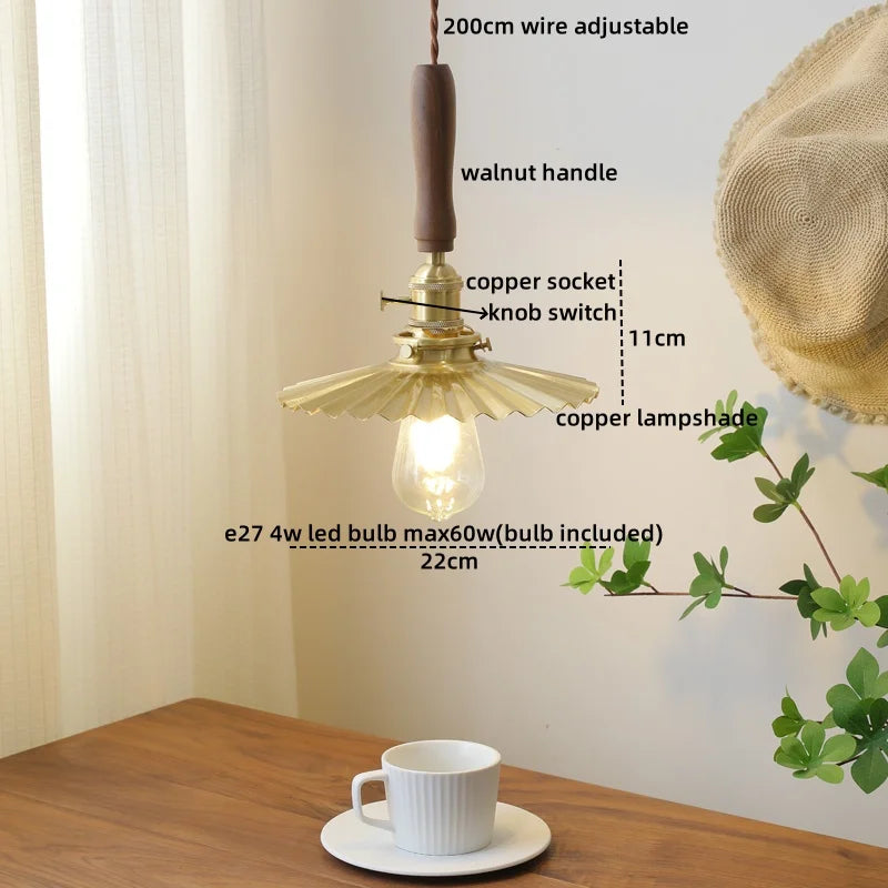 Afralia™ Amber Glass LED Pendant Light with Walnut Handle for Dining Living Room