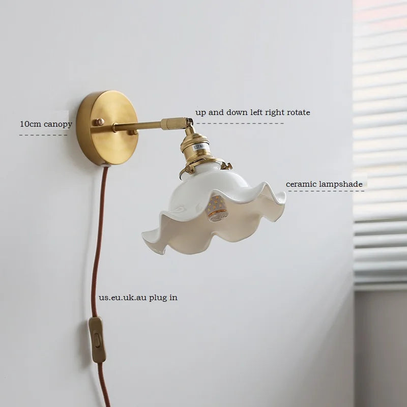 Afralia™ White Flower Ceramic Wall Lamp Sconce Plug In Switch Mirror Light