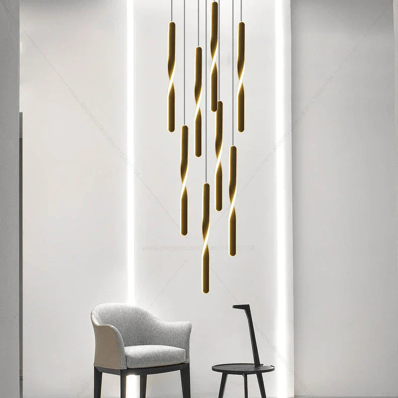 Afralia™ Modern Spiral Black Chandelier with Long LED Strip for Lobby, Restaurant, and Large Hall