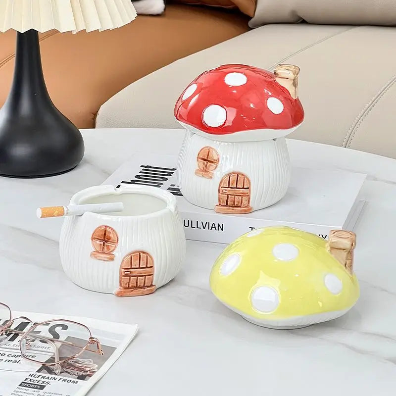 Afralia™ Mushroom Ceramic Ashtray with Lid – Home Art Decor, Countertop Ornament & Gift