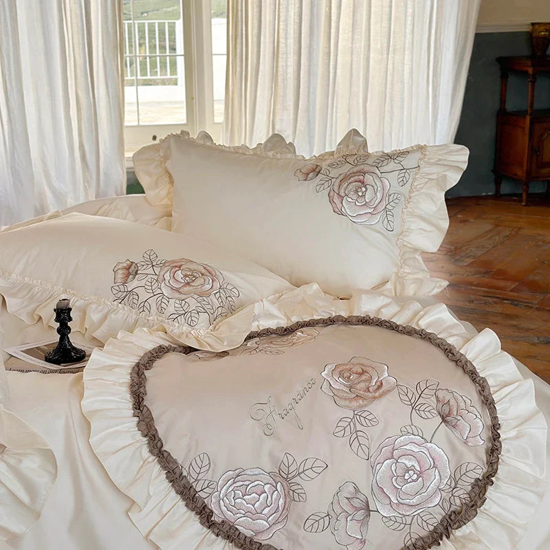 Afralia™ Luxe Rose Flowers Embroidery Bedding Set 1000TC Egyptian Cotton Queen King