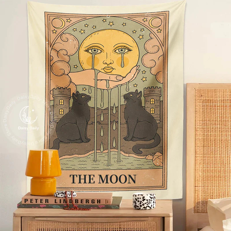 Moon Cat Tarot Wall Hanging - Afralia™ Mystical Room Decor