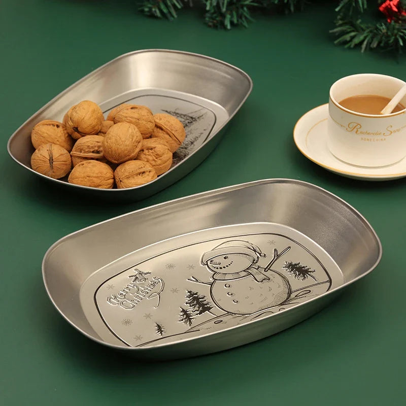 Afralia™ Christmas Fruit Tray Santa Claus Snowman Print Decorative Plate