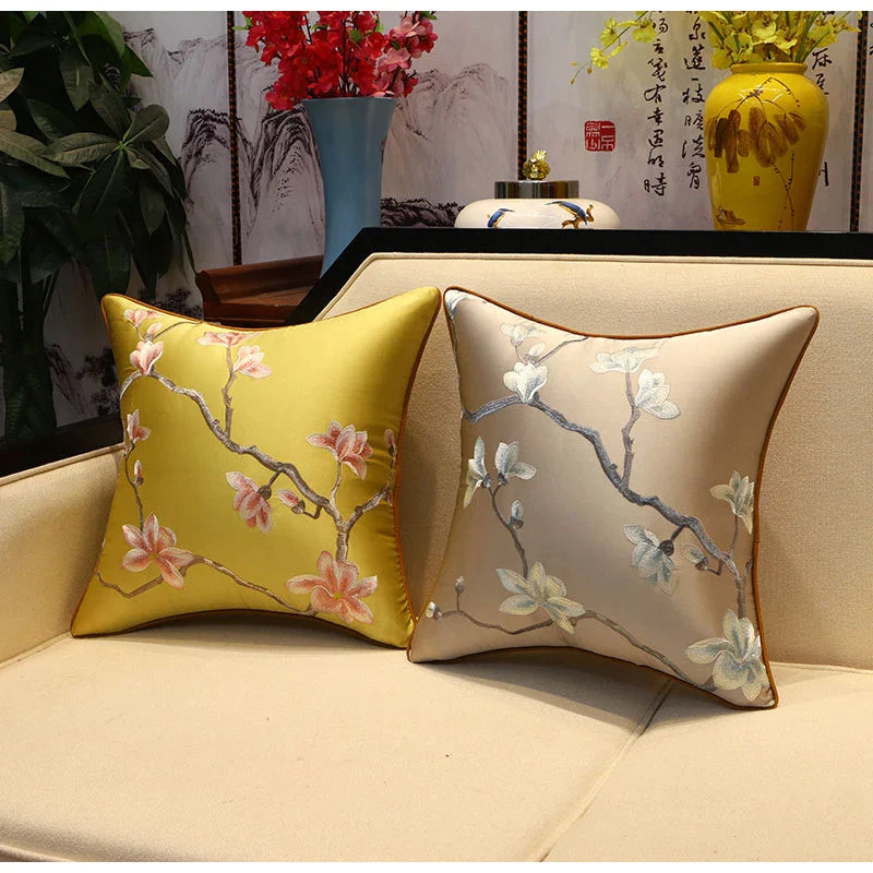 Afralia™ Magnolia Blossom Leaves Embroidery Lumbar Pillow Case for Bed Couch Sofa