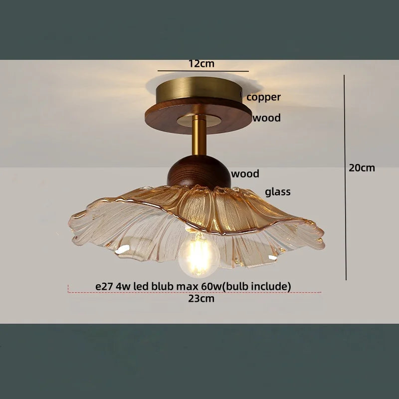 Afralia™ Round Wood Copper Amber Glass Ceiling Lamp