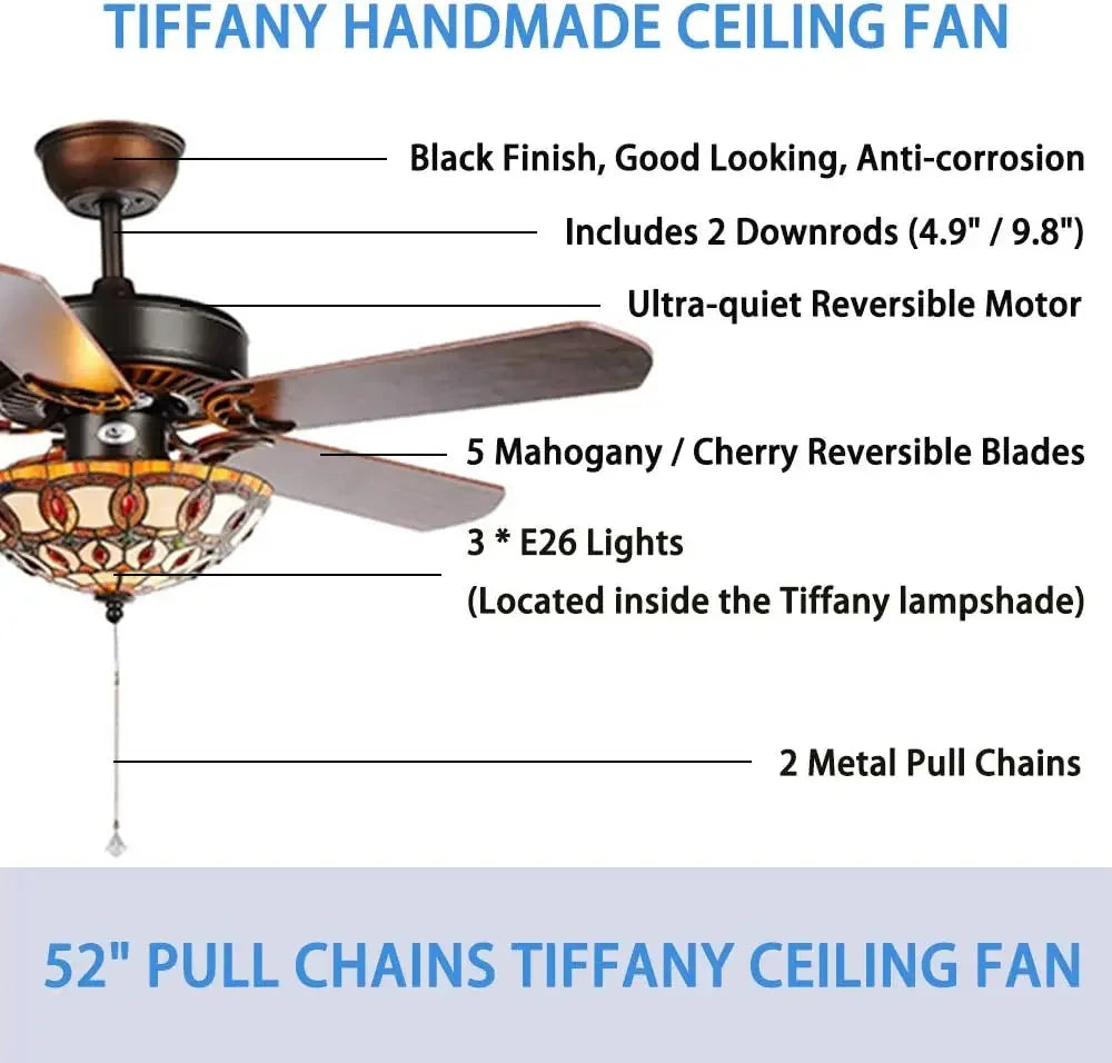 Afralia™ Stained Glass Ceiling Fan with Remote Control and Lights