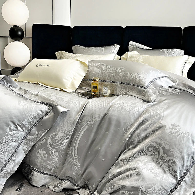 Afralia™ Brocade Satin Jacquard Egyptian Cotton Bedding Set, Luxury Silky Duvet Cover, Bed Sheet, Pillowcase