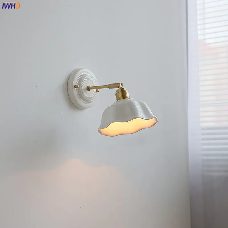 Afralia™ Ceramic LED Wall Light with Copper Arm Socket for Bedroom Living Room