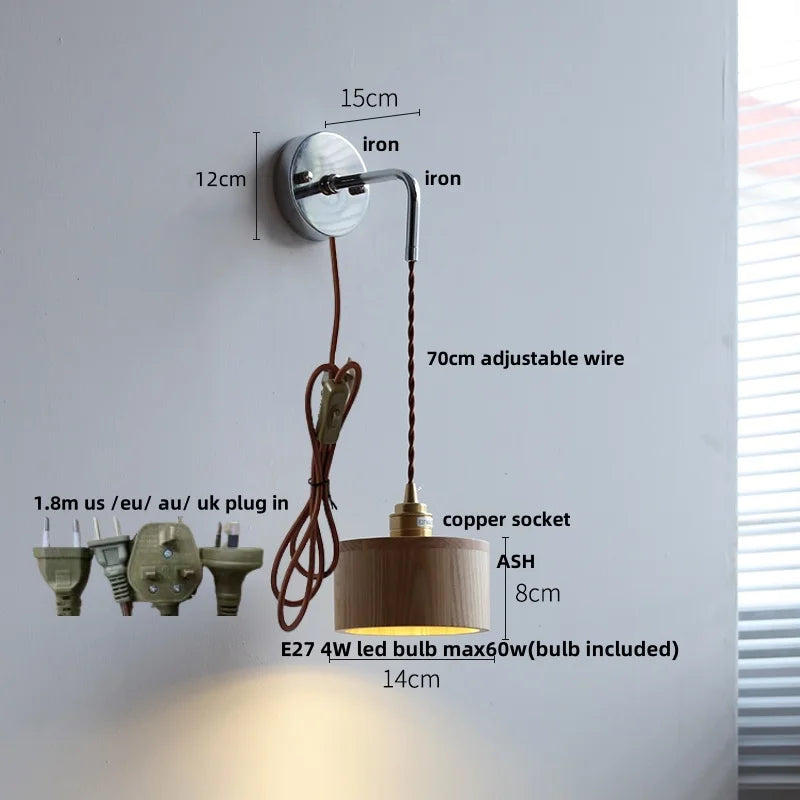 Afralia™ Ash Wood LED Wall Light with Pull Chain Switch, Japanese Style Bedside Lamp
