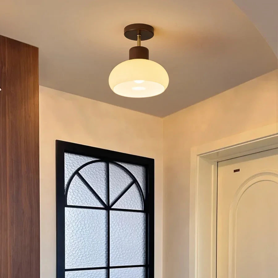 Afralia™ Pale Yellow Glass Wood LED Ceiling Lights Flush Mounted Round Nordic Modern