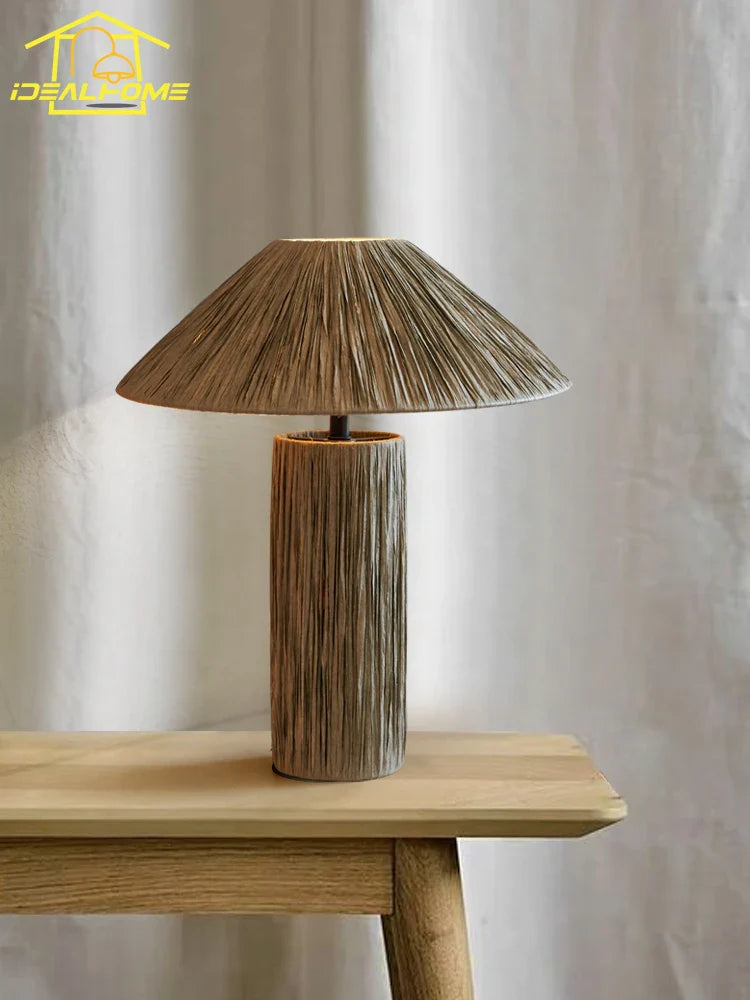Afralia™ Vintage Raffia Table Lamp LED E27 Desk Light for Bedroom Living Room