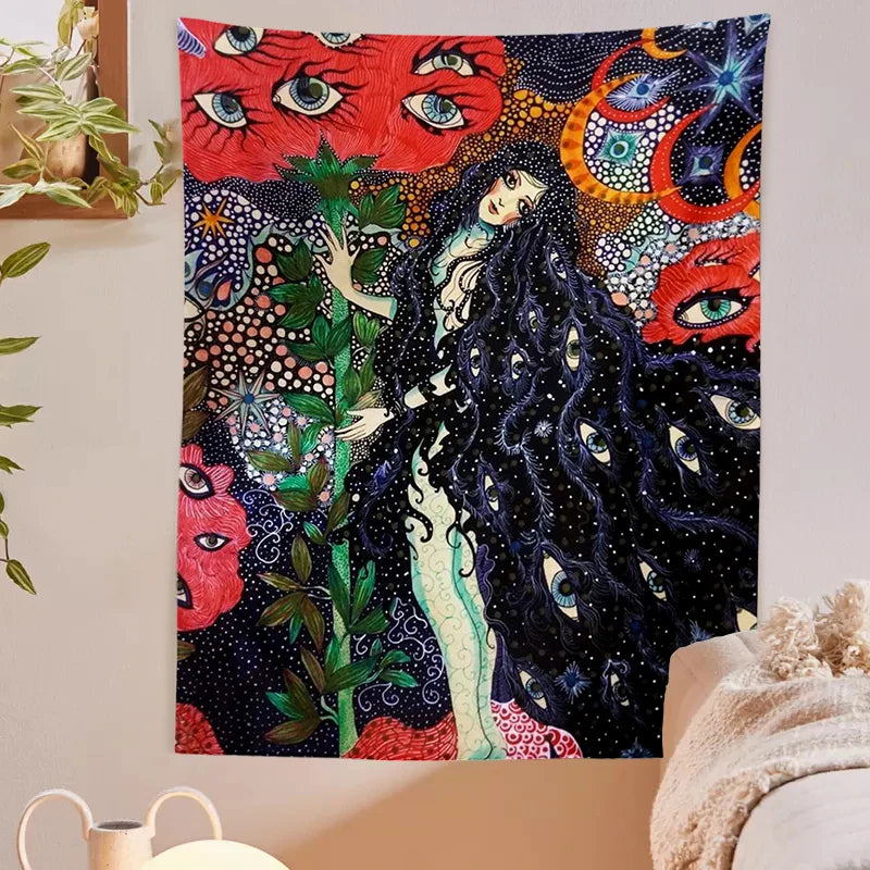 Afralia™ Psychedelic Celestial Floral Wall Hanging Tapestry for Dorm Decor