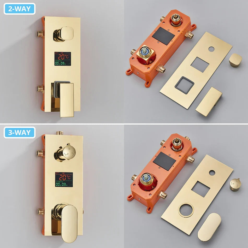 Afralia™ Gold Digital Display Shower Set with Rainfall Head - Waterfall Bath Shower System