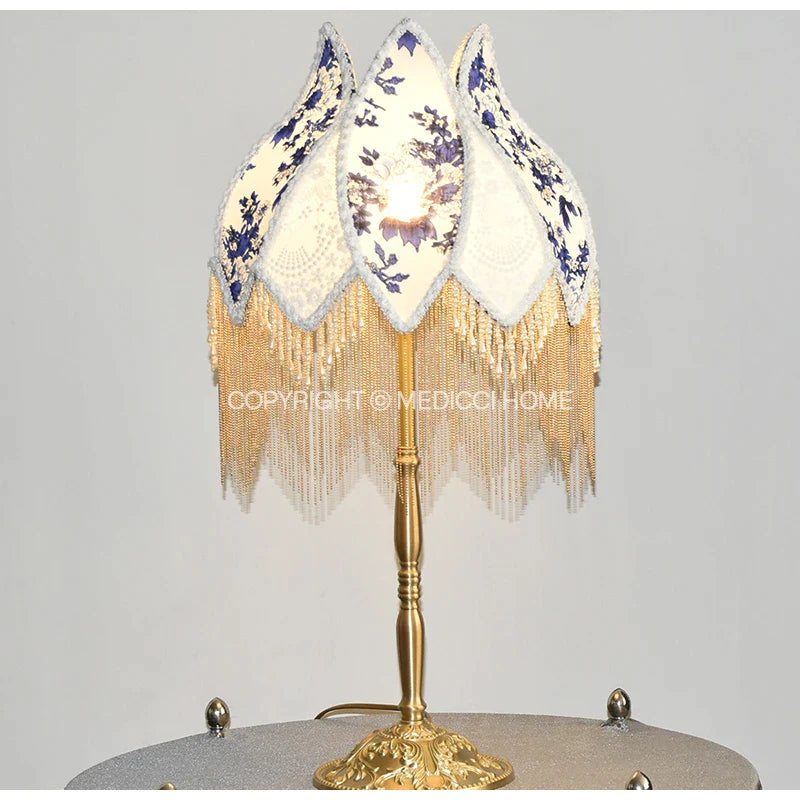 Afralia™ Blue & White Porcelain Floral Lampshade with Pearl Tassel