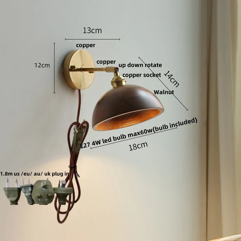 Afralia™ Nordic LED Wall Light Sconce Walnut Wood Copper Pull Chain Switch