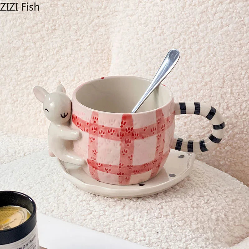 Afralia™ Rabbit Cartoon Ceramic Cup & Saucer Set for Dining Table and Coffee | Tea Mug