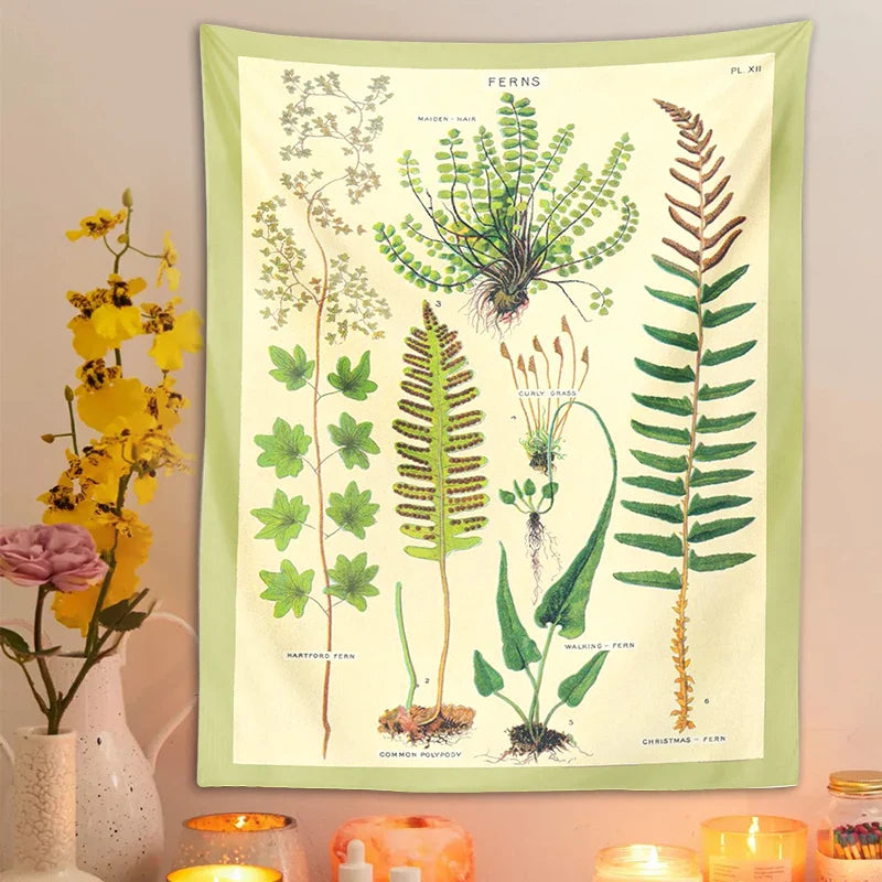 Afralia™ Ferns Tapestry: Botanical Floral Illustration Chart Wall Art - Boho Decor