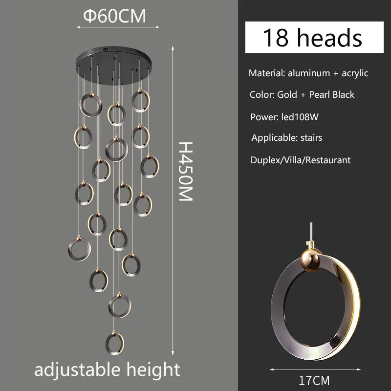 Afralia™ Modern Black Gold Chandelier for Duplex Staircase & Living Room