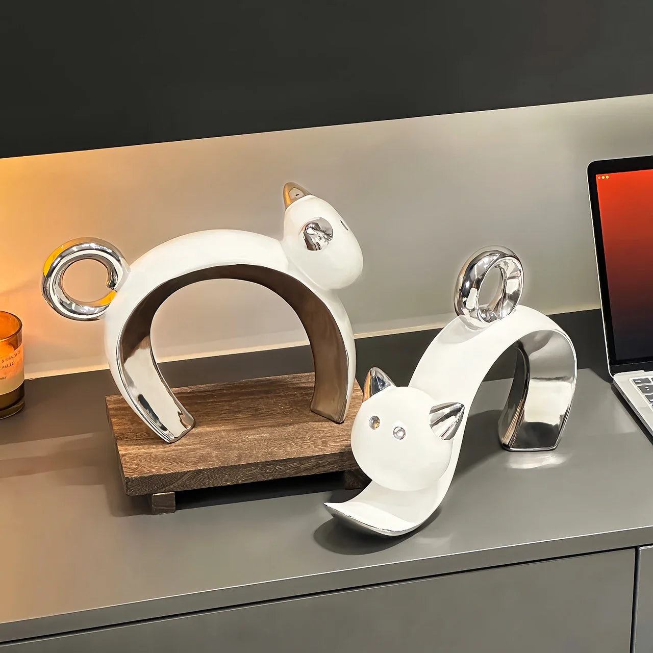 Afralia™ Ceramic Cat Figurines: Adorable Cartoon Silver Little Cat Sculpture for Home Decor