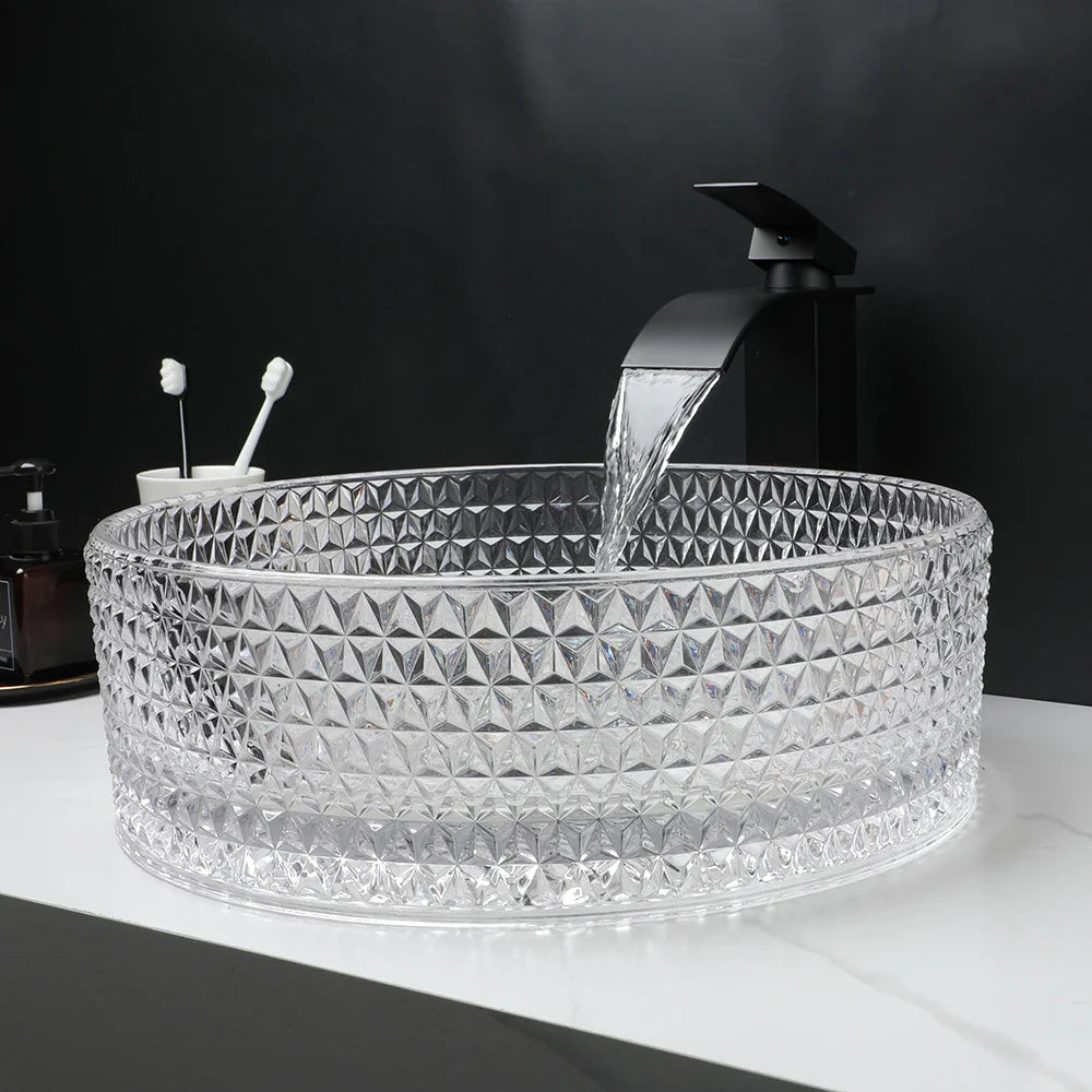 Afralia™ Diamond Glass Basin Set with Matte Black Faucet and Pop-up Drain Mixer Tap