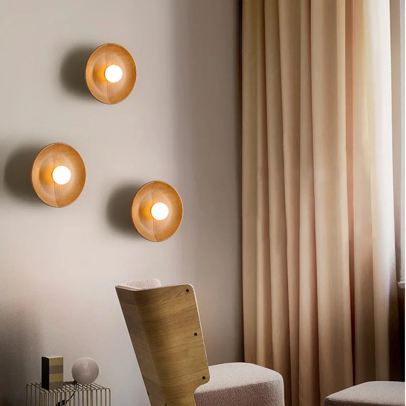 Afralia™ Wood Round Plate Wall Lights LED Nordic Modern Sconce for Home Décor