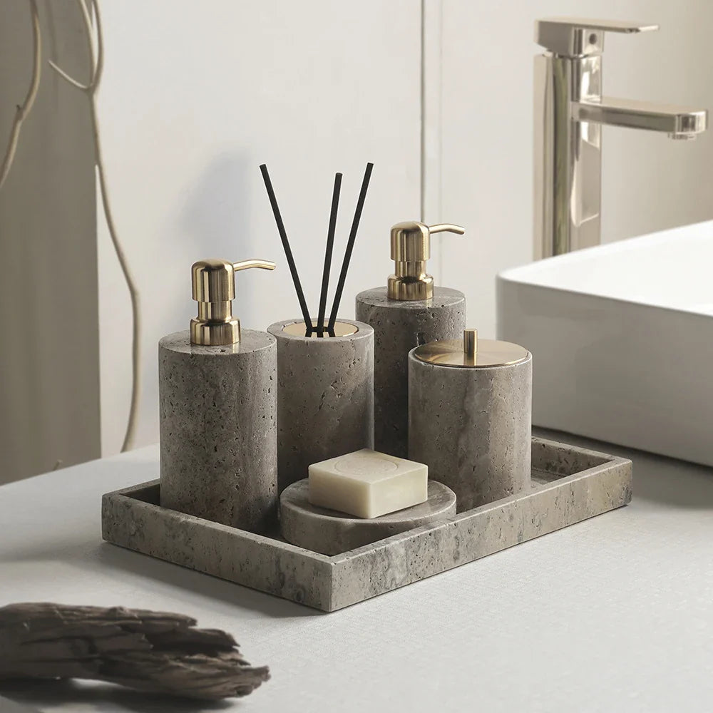 Afralia™ Travertino Marble Bathroom Set - Soap Holder, Dispenser, Vanity Tray - Vintage Style
