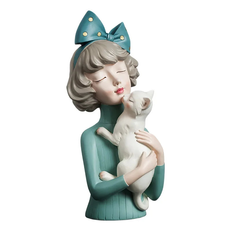 Afralia™ Nordic Bow Girl Statue Cat Dog Room Decoration, Birthday Gift, Dressing Table décor