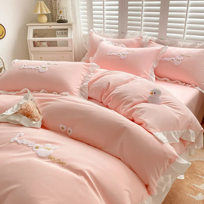 Afralia™ Cartoon Princess Embroidered Cotton Bedding Set for Adult Girls