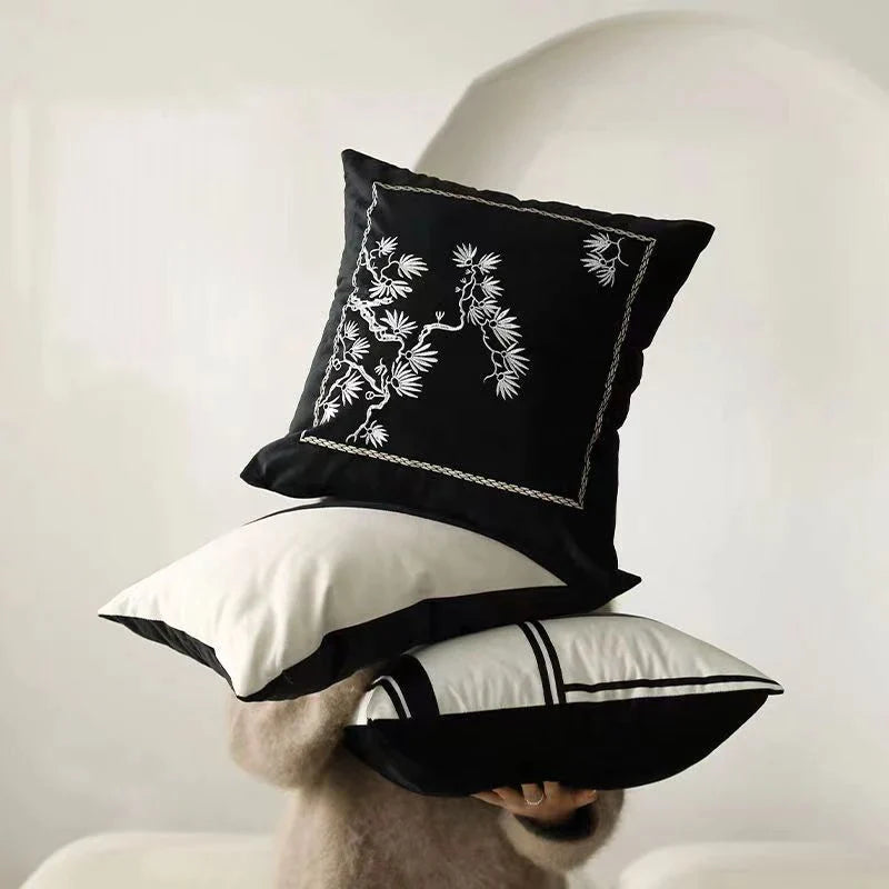 Afralia™ Embroidered Black White Minimalist Cushion Cover Light Luxury Home Decor Pillow