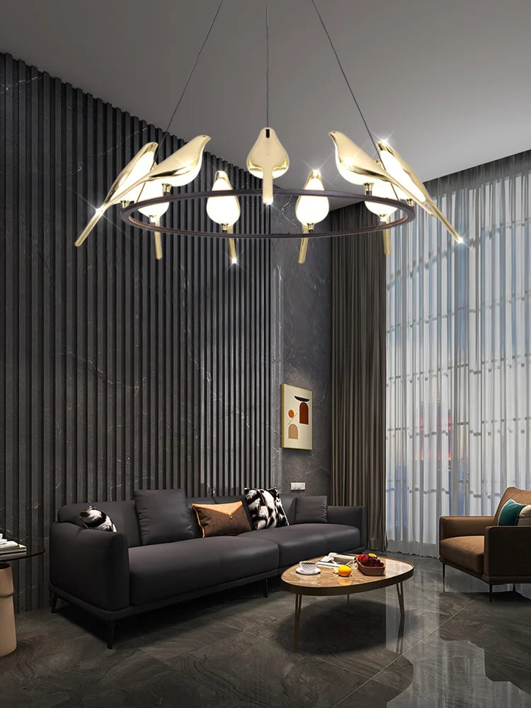 Afralia™ Modern Bird Living Room Chandelier LED Lighting 6-Light Creative Bedroom Pendant