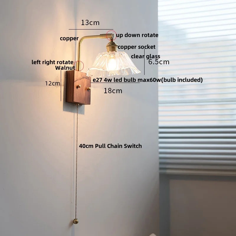 Afralia™ Walnut Glass LED Wall Light: Modern Brass Rotatable Bedside Lamp