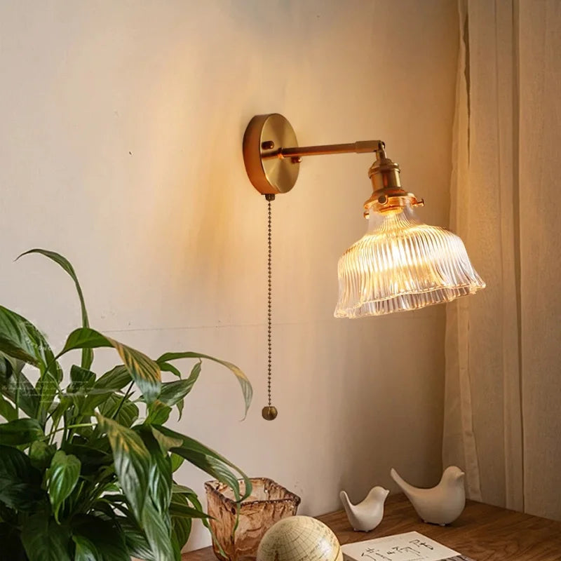 Afralia™ Nordic LED Wall Lights Pull Chain Switch Copper Glass Home Decor