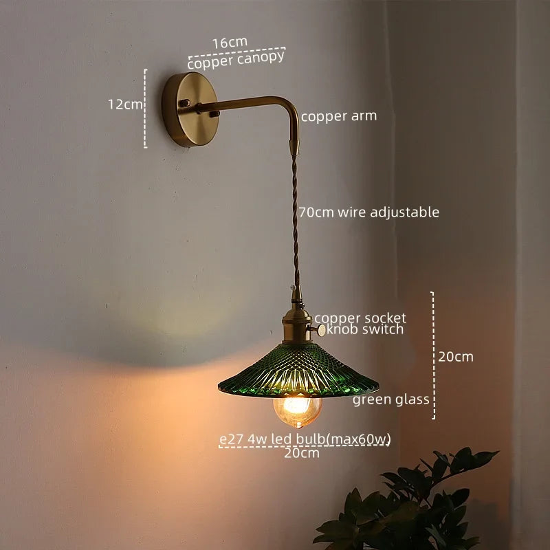 Afralia™ Copper Glass Pull Chain LED Wall Sconce for Indoor Living Room Stairway Lighting