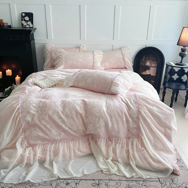 Afralia™ Lace Ruffles Velvet Princess Bedding Set: Duvet, Sheet, Pillowcases