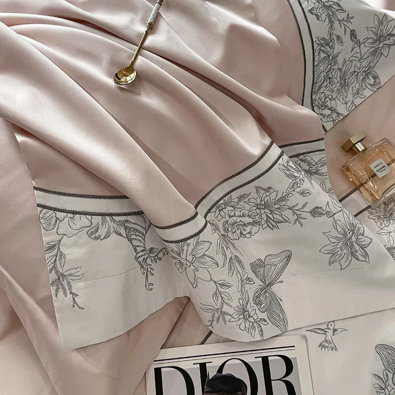 Afralia™ Luxe Butterfly Flowers Embroidery Bedding Set with Duvet Cover Sheet Pillowcases 4Pcs