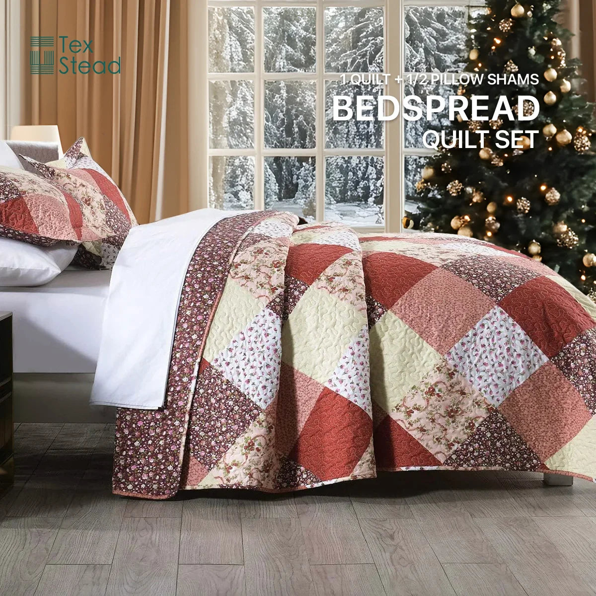 Afralia™ Multicolour Floral Patchwork Print Bedspread Set with Two Pillow Shams