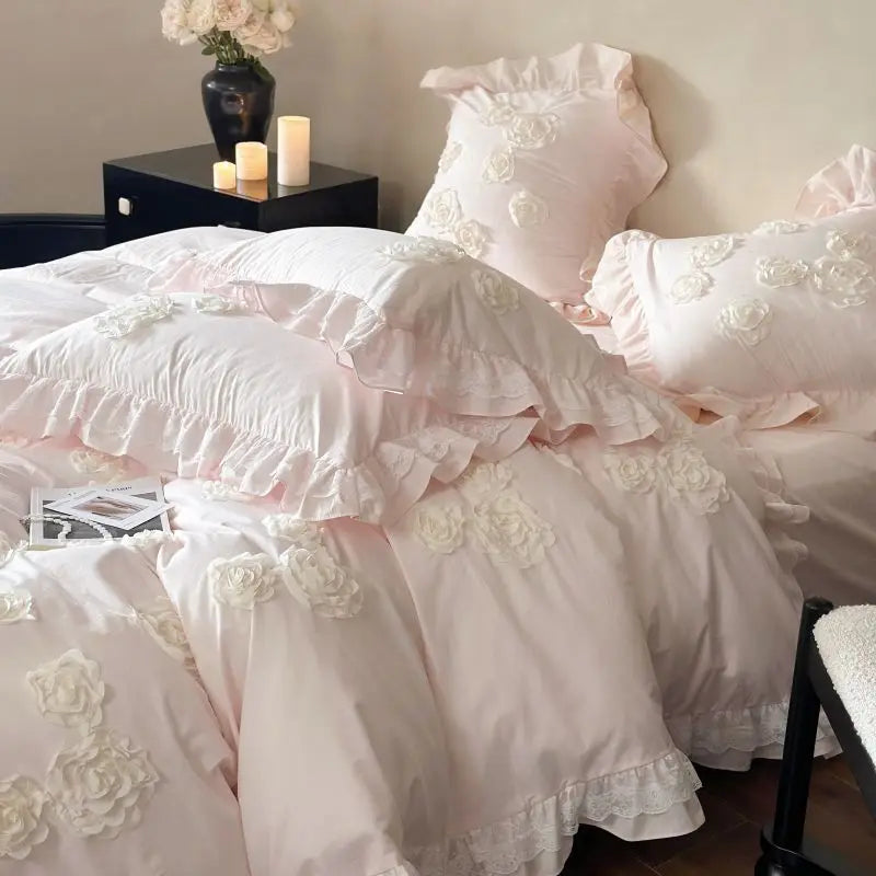 Afralia™ Pink Flowers Ruffles Princess Wedding Bedding Set - Soft Washed Cotton