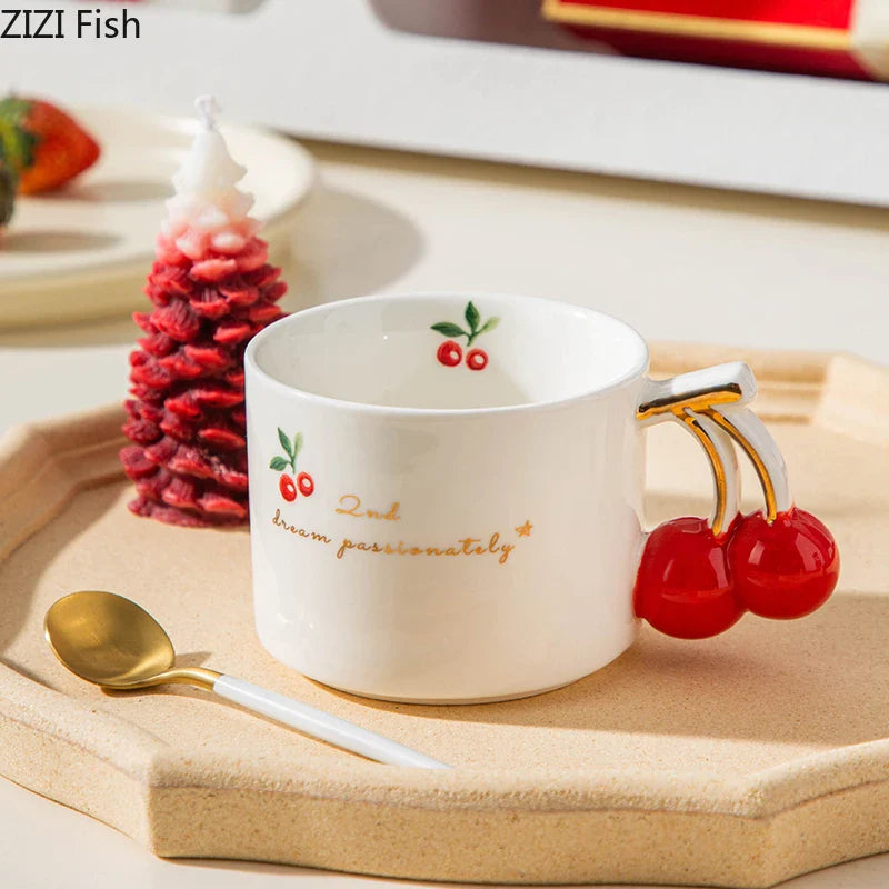 Afralia™ Cherry Pattern Porcelain Coffee Mug, Gilded Edge Teacup for Afternoon Tea & Juice