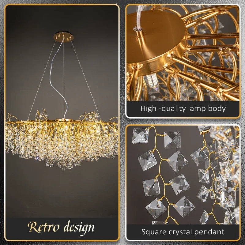 Afralia™ Gold Crystal Chandelier LED Round Light Island Branch Chandelier