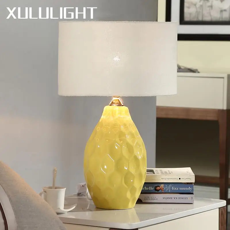 Afralia™ Modern White Ceramic Table Lamp with Remote Control and Fabric Shade