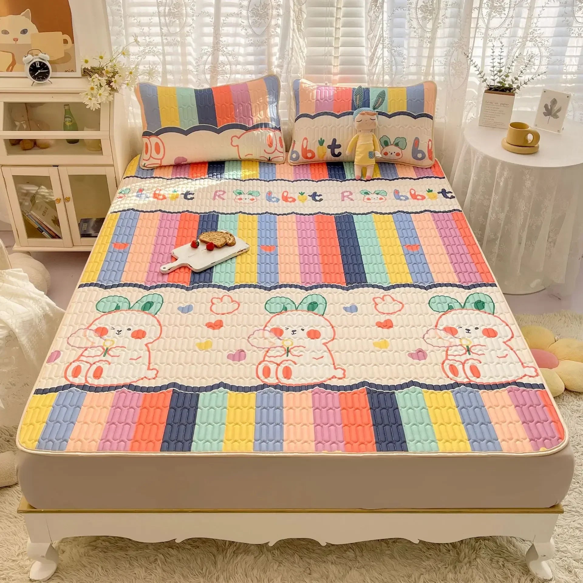 Afralia™ Cartoon Print Silky Mattress Set: 4-Layer Quilted Breathable Cushion