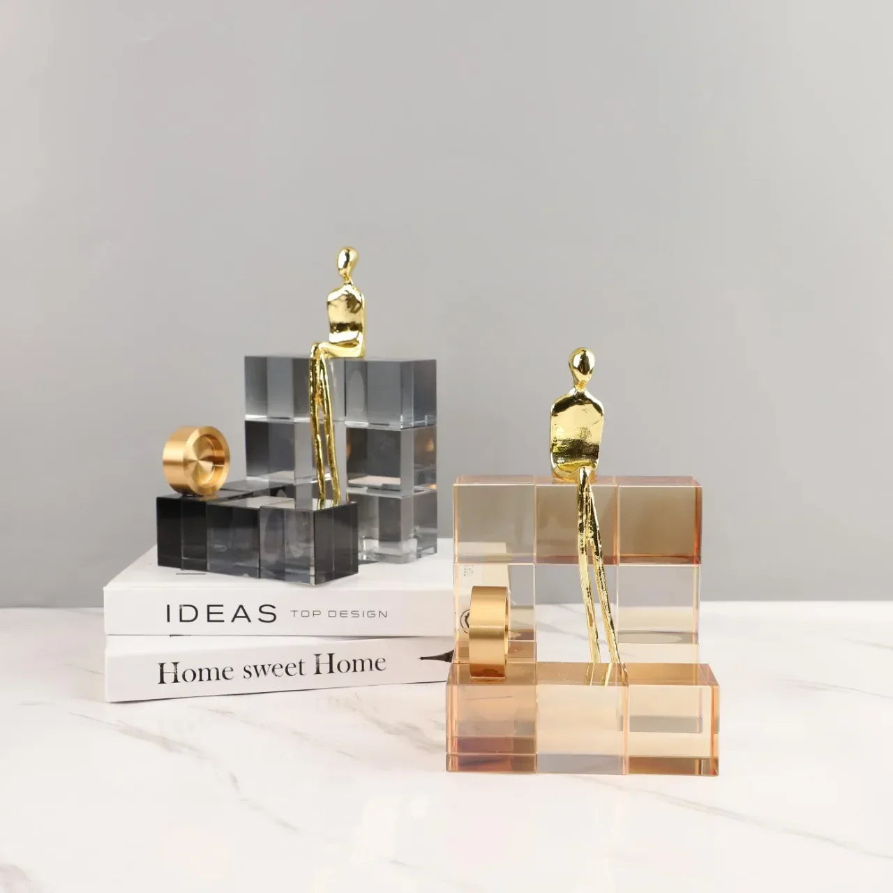 Afralia™ Geometric Stair Crystal Ornament Metal Gold Sculpture