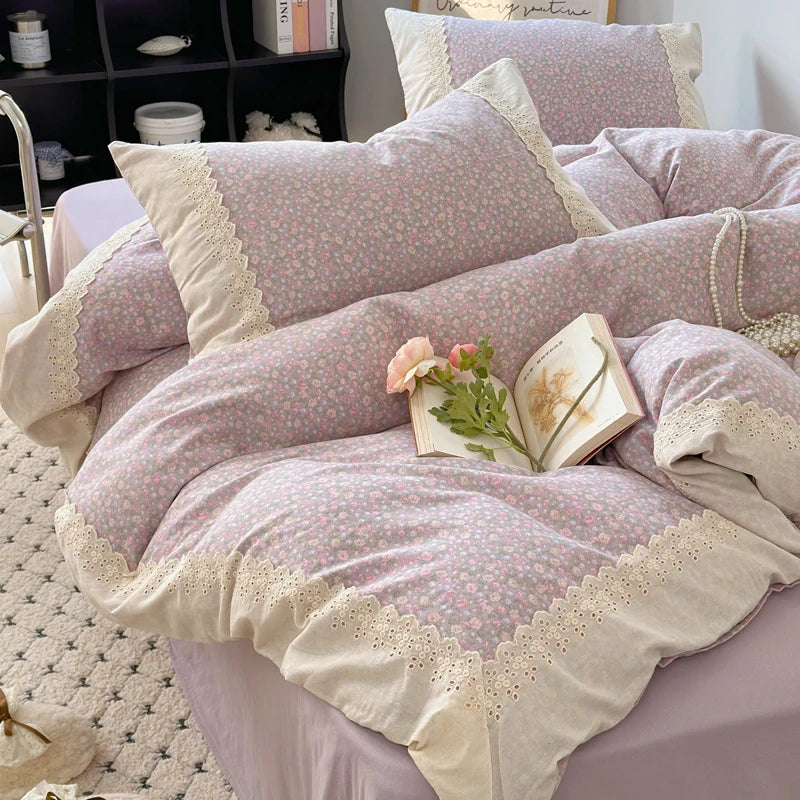 Afralia™ Lavender Lace Bedding Set: Single Queen Size Duvet, Sheet, Pillowcases