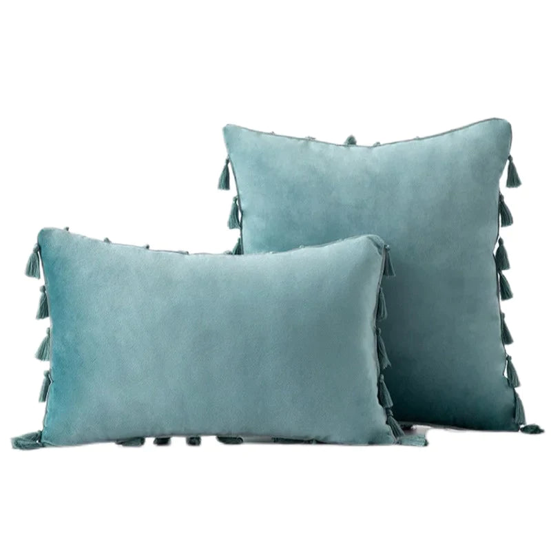 Afralia™ Water Blue Velvet Tassel Fringe Boho Throw Pillow Cover for Couch