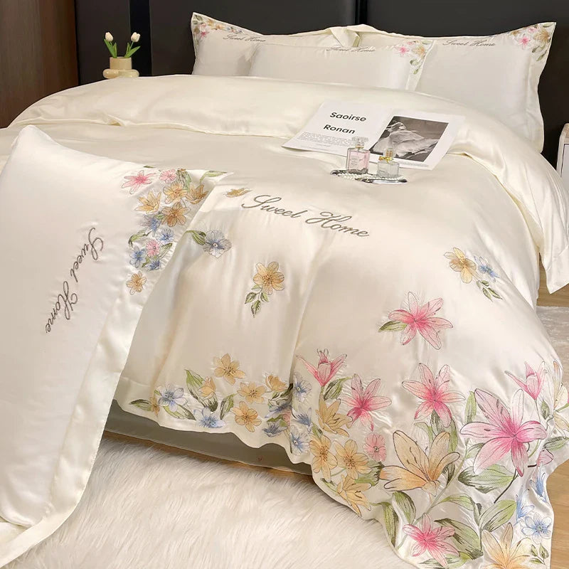 Afralia™ Flowers Embroidery Silky Duvet Set with Comforter Cover & Fitted Sheet