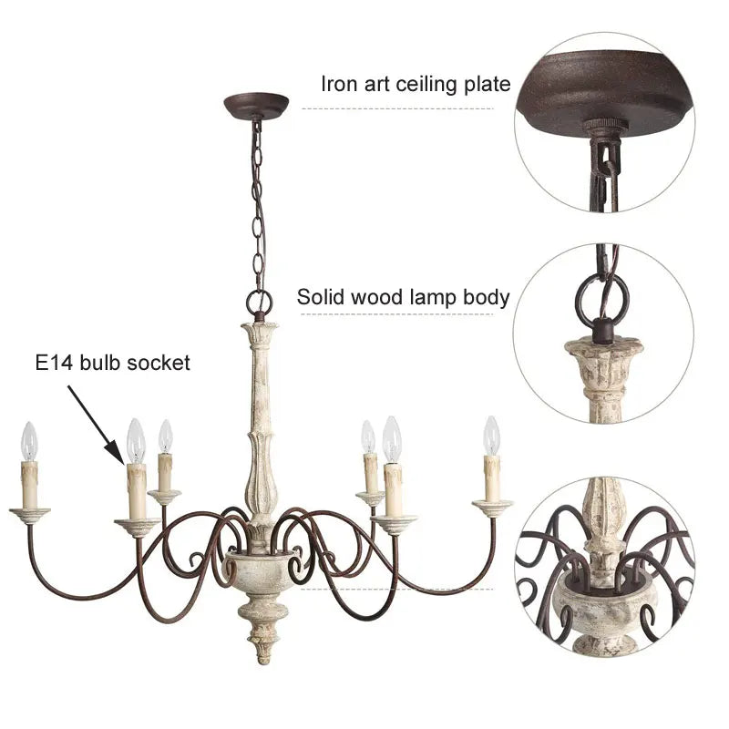 Afralia™ Solid Wood Chandelier Vintage French Style Pendant Lamp